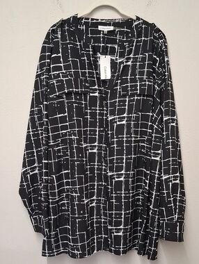 Calvin Klein Black and White Grid Print Button-Down Blouse
